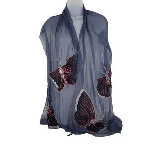 Bayaa Hand-Crafted Butterfly Embellished Navy Blue Sheer Scarf Wrap 19" x 38"
